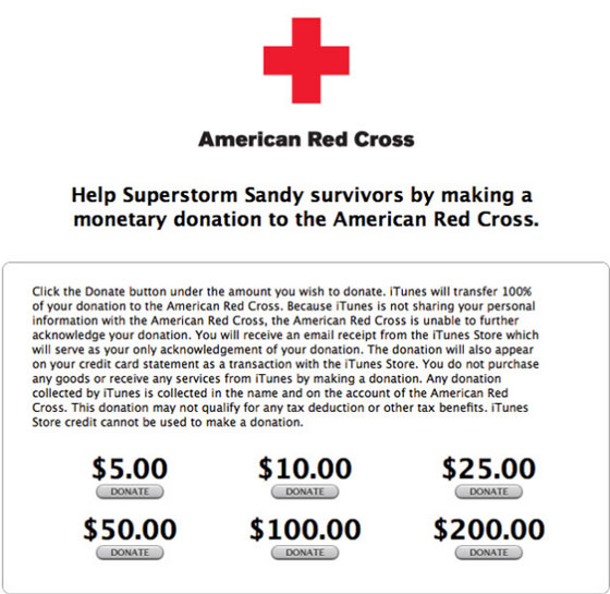 Apple iTunes Store : Faites un Don pour les USA après Sandy