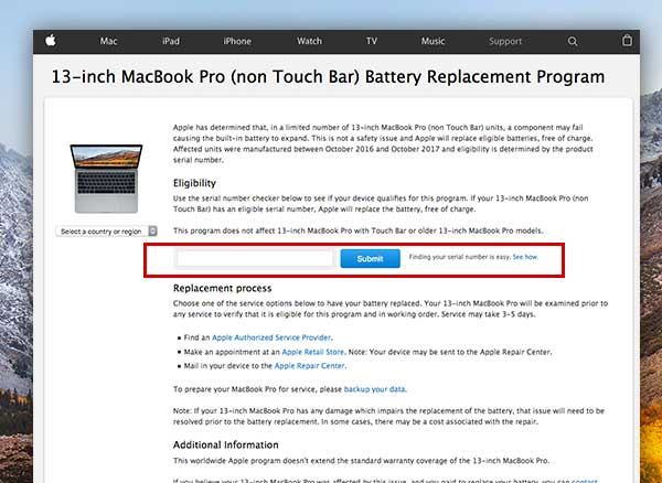 Programme remplcaement batterie MacBook Pro 13 Apple