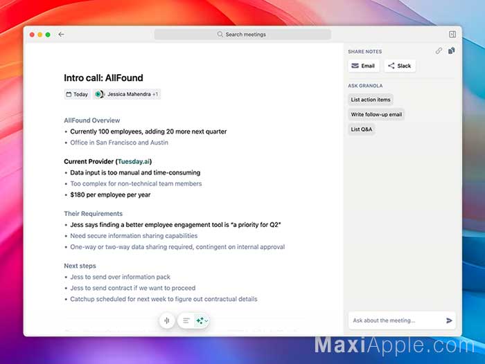 Granola AI Mac macOS Transcription Retranscription Audio vers Texte Reunions en Ligne Presentiel App Logiciel Outil Gratuit